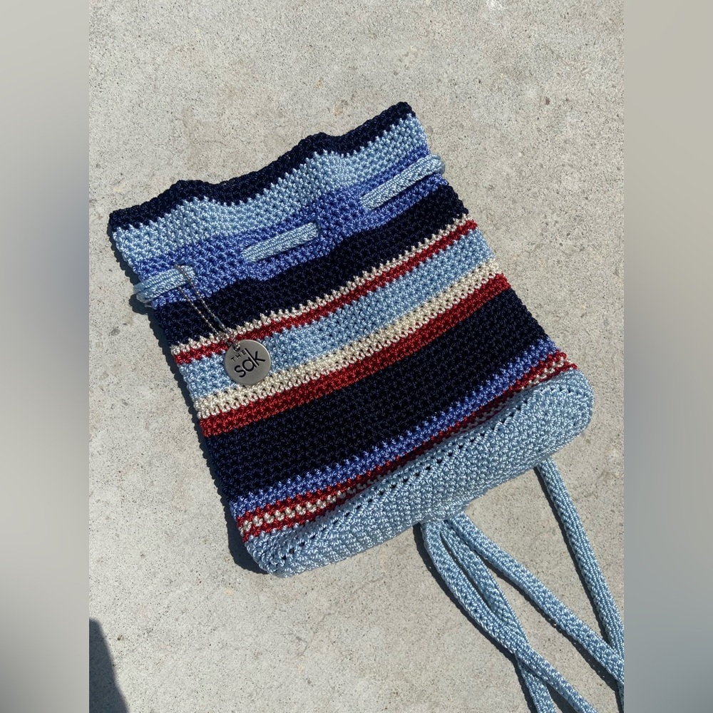The Sak Crocheted Blue and Red Mini Bag with Stripes